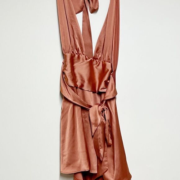 NWOT Lucy in the Sky Deep Coral Halter Satin Dress Sz L - Picture 5 of 6